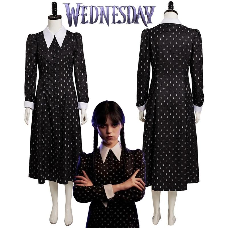 Die Addams Family Wednesday Cosplay Kostüm Schwarzes Kleid Halloween Party