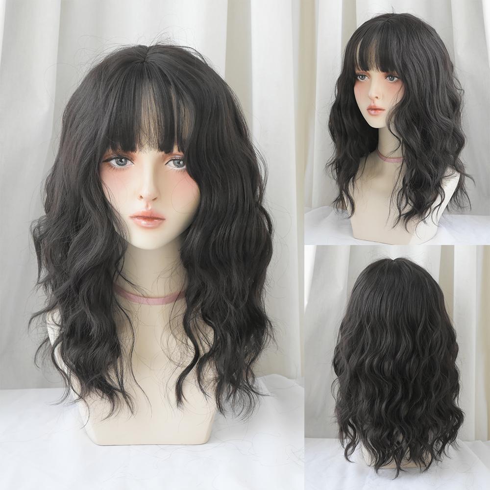 Lange Lockige Haare Damen Perücke mit Pony Täglich Braun Schwarz Rosa Lolita Cosplay Geflochtene Perücken Hitzebeständige Faser Party Kunsthaar