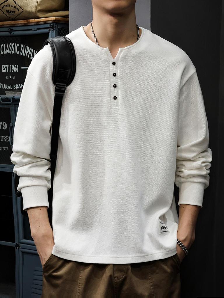 2025 Herren Weiß Baumwolle Henley-Kragen Hoodie Langarm T-Shirt, Amerikanischer Stil