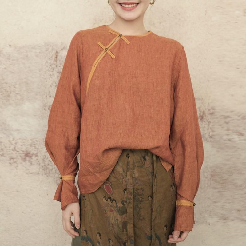 

Johnature женские льняные рубашки в китайском стиле, топы, однотонные блузки с расклешенными рукавами, весенние винтажные свободные рубашки One Size оранжевый