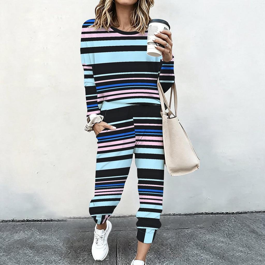 Women Loose Round Neck Long Sleeve Shirt And High Waist Straight Leg Pants Two Piece Daily Leisure Suit
