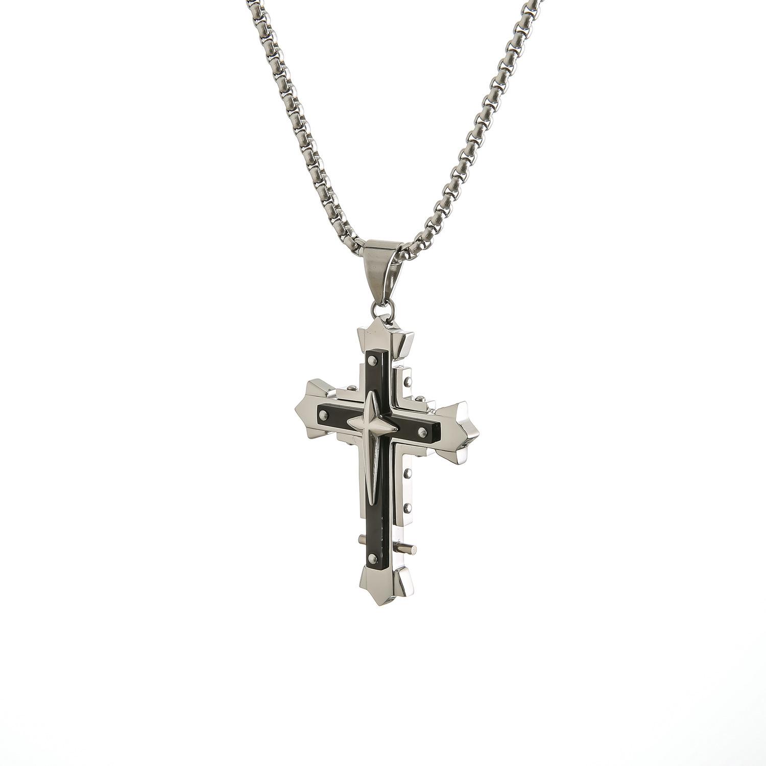 Trendy Dark Knight Triple Cross Stainless Steel Necklace Creative Men s Titanium Steel Pendant Necklace