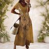 Women Plus Size V Neck Short Sleeve Grey Printed Straight Long Dress
