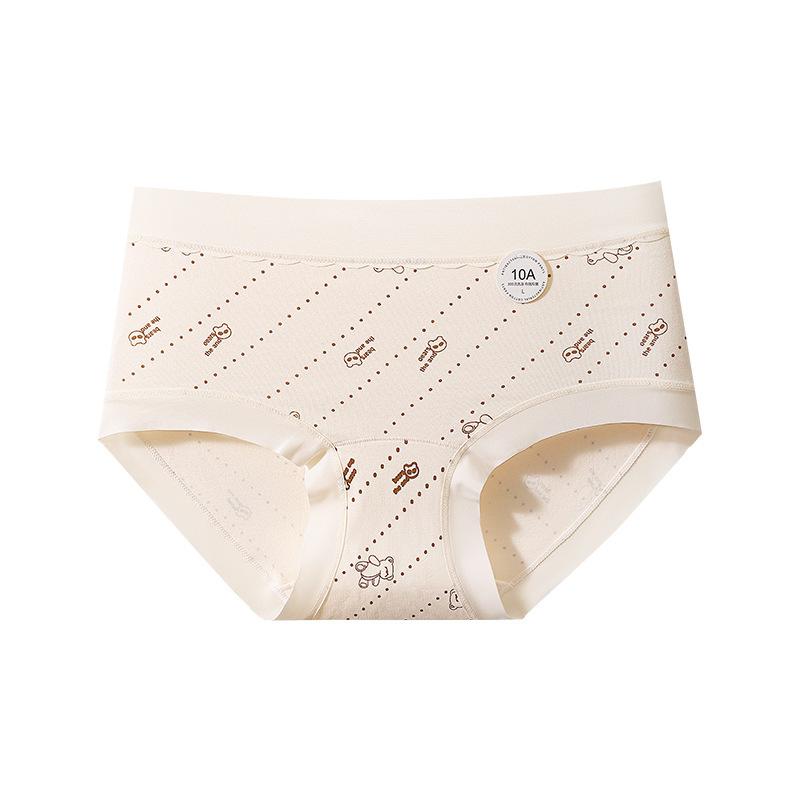 Ladies Summer Cartoon Bear Print Cotton 10A Antibacterial Crotch Stretchless Breathable Mid Waist Briefs M