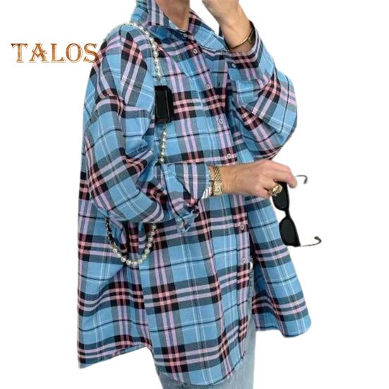 

Женская рубашка с длинным рукавом, клетчатым принтом, свободным кроем, карманом-клапаном, планкой на пуговицах, рубашка средней длины S розовый/синий