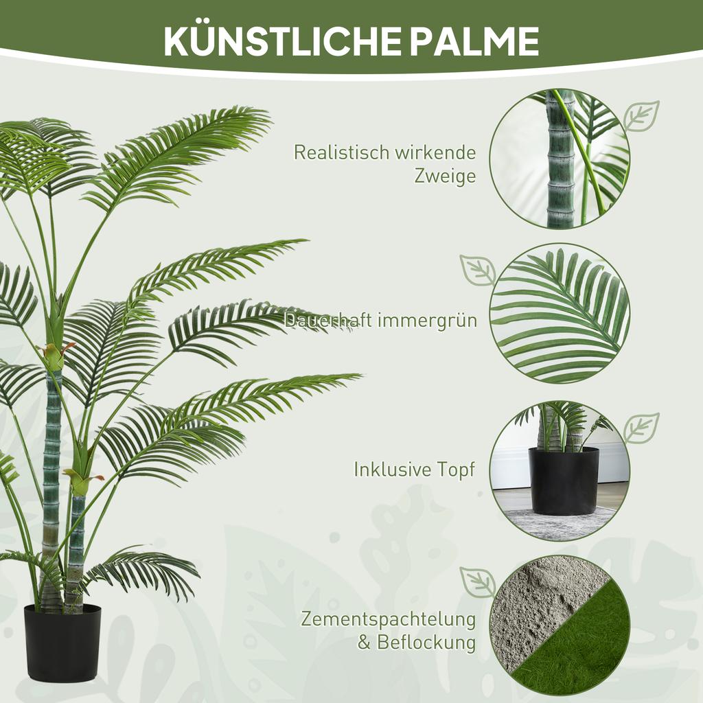 Artificial Palm Tree with 16 Plastic Leaves, UV-Resistant Artificial Plant with Plastic Pot, for Indoor and Outdoor, Green