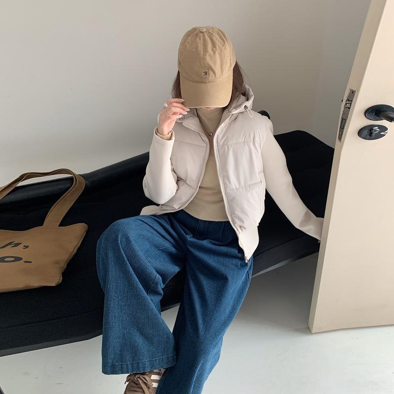 Autumn and winter new European and American style short hooded cotton-padded jacket high waist jacket light and thin hooded splicing jacket cotton-pad