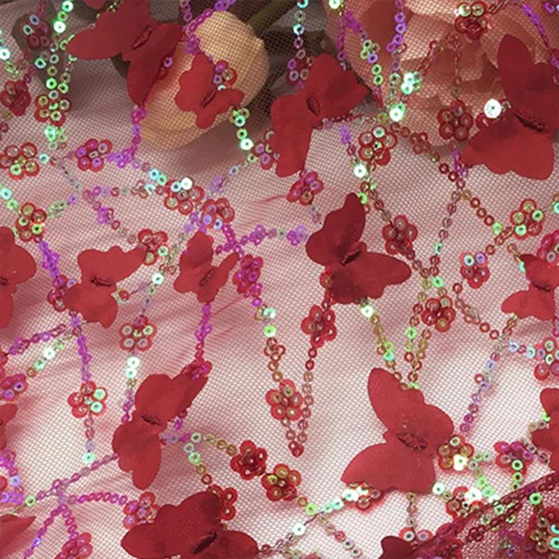 

100X130Cm Embroidered 3D Butterfly Mesh Lace Fabric for for Diy Children s Clothing Women s Wedding Dress Apparel Sewing Fabric 100X130cm червоний