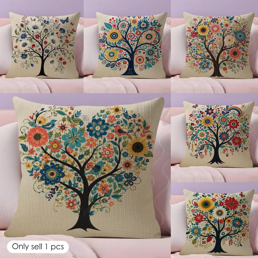 Boho Floral Tree Of Life Cushion Cover Durable Hypoallergenic Organic Linen Short Pillow Cover Washable
