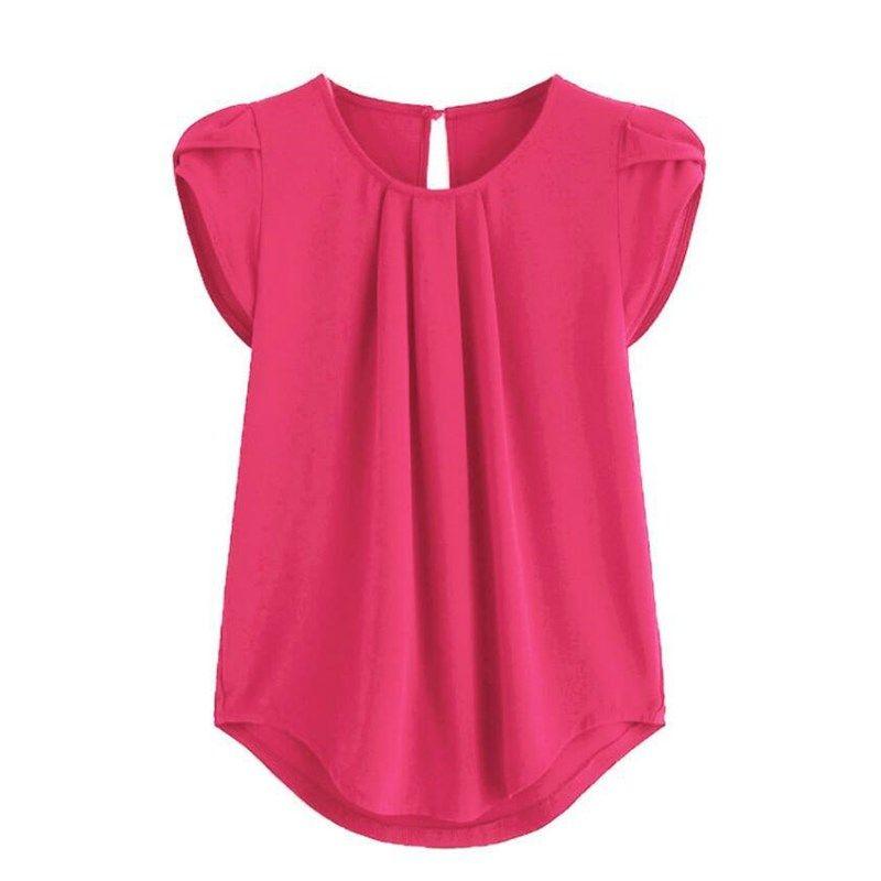 

Chiffon Solid Color Short Collar Casua L Shirt Short Sleeve rose Red 4XL