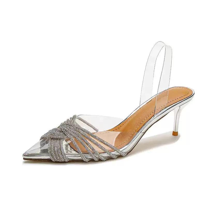 Summer New Transparent Rhinestone Sandals Women's Thin Heels Pointed Cold Half Tray Crystal Word with Sexy High Heels