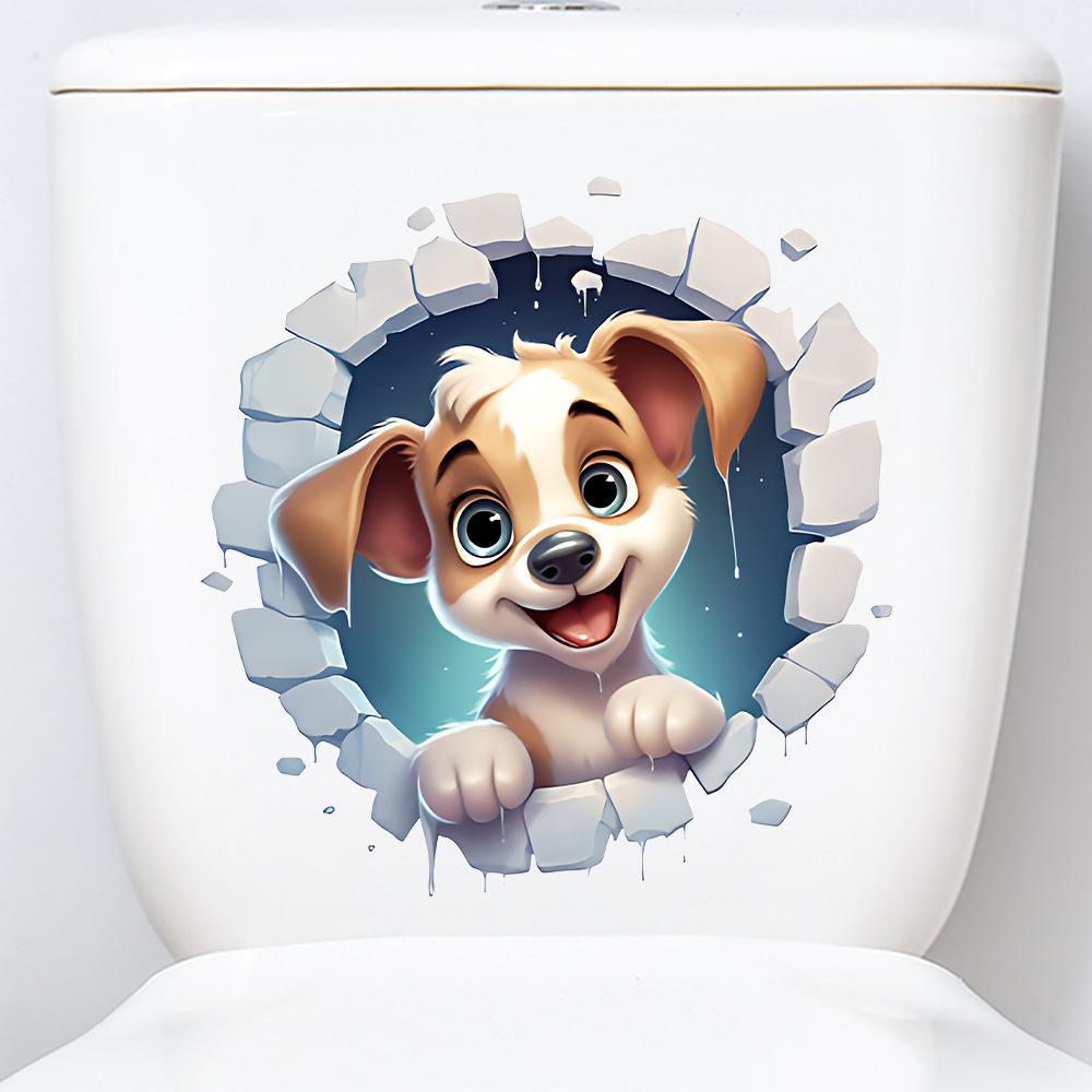 Creative Cute Dog Breaking Through Wall Waterproof Self Adhesive Toilet Lid Sticker Bathroom Home Decor
