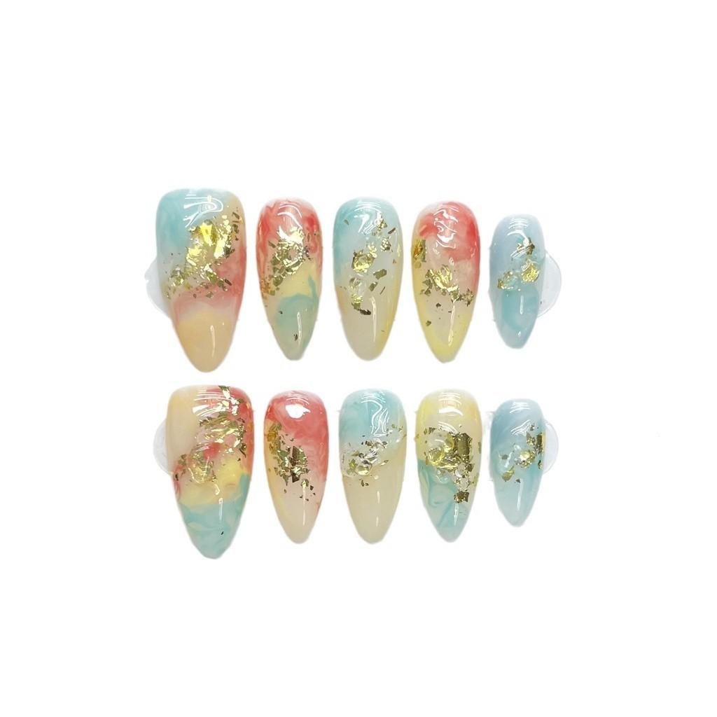 100%HANDMADE Almond nail art Artificial Nail Mixed Color Smudged Dopamine Gilt 3D Almond Shape Phototherapy Nails Reusable and Removable Nails