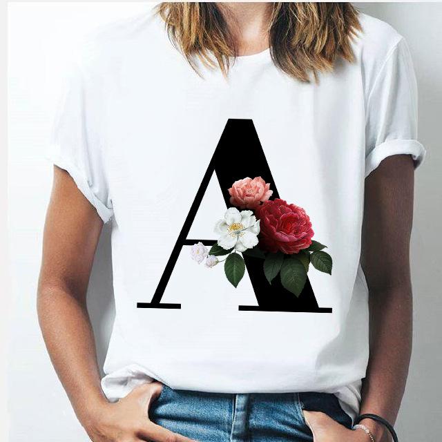 Kawaii English Alphabet Flowers Graphics Female T-Shirt 90S Summer Loose Short Sleeve Round Neck Female Tops Clothing