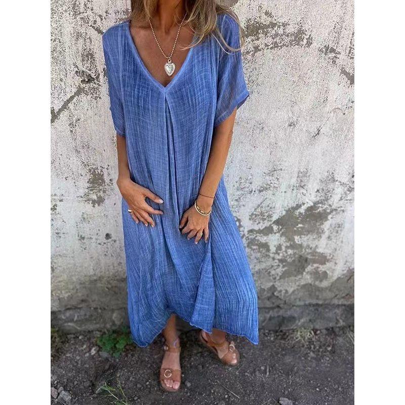 

V-neck Solid Color Cotton and Linen Dress V Collar Pure Color Cotton Linen Dress Royal Blue XXXL