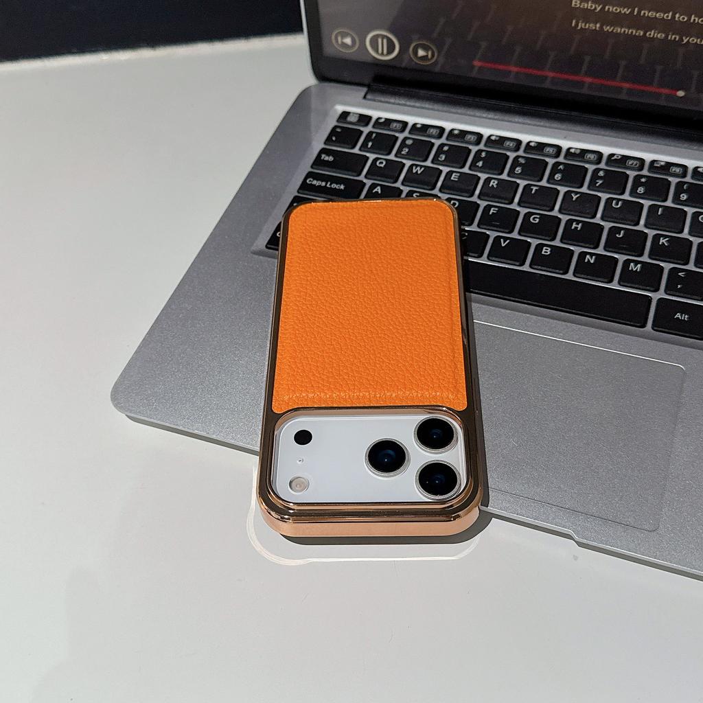 For IPhone17 for Apple 16pm Mobile Phone Case Electroplated Magnetic Lychee Pattern Orange Two-in-one Protective Cover