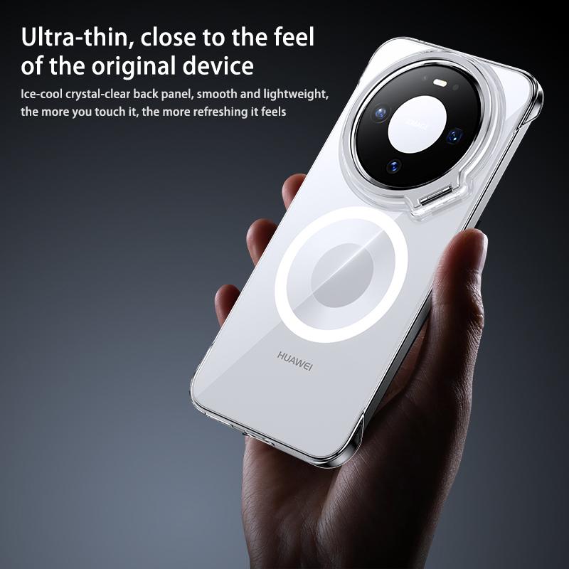 Frameless for Magsafe Magnetic Phone Case Huawei Mate 60 70 80 Pro Max + Lens Stand Holder Transparent Protective Back Cover