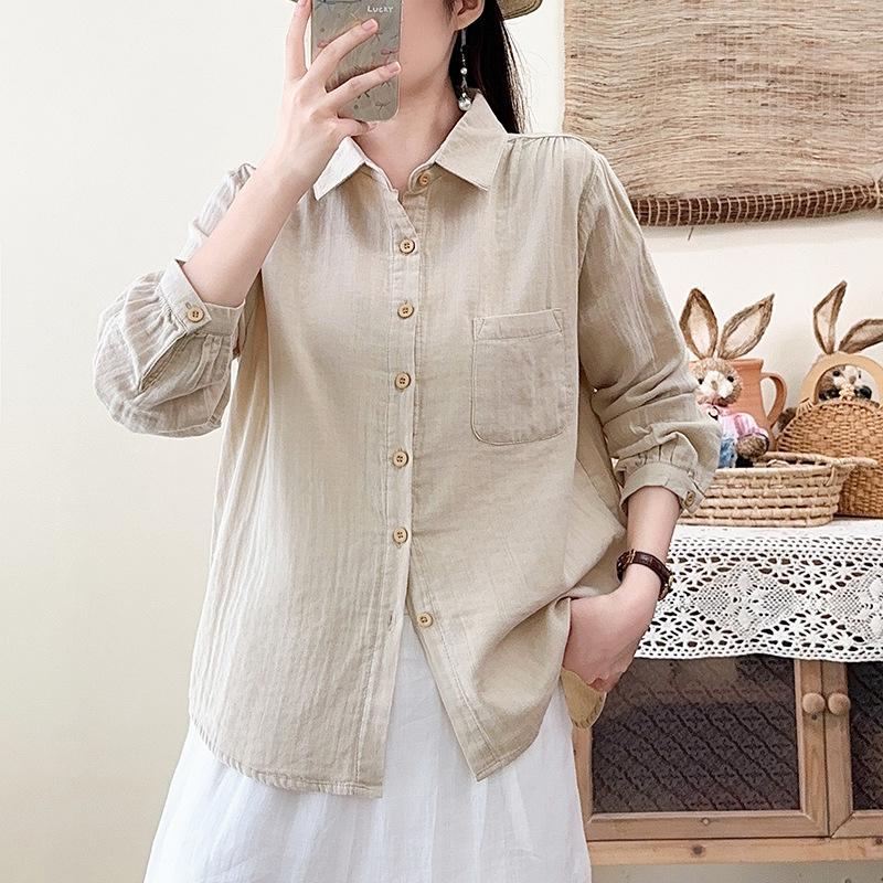 Literary and casual style double-layer cotton yarn pure cotton shirt spring and autumn new Japanese simple retro versatile long-sleeved shirt women