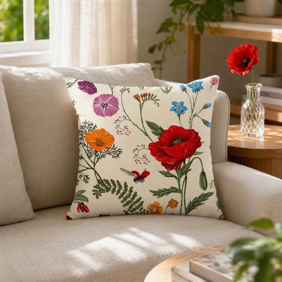 Floral Cushion Cover, 18x18 Inch Decorative Throw Pillow Cover with Hidden Zipper, Plant Insect Flower Patterns, Cushion Case for Sofa Car Home Decor