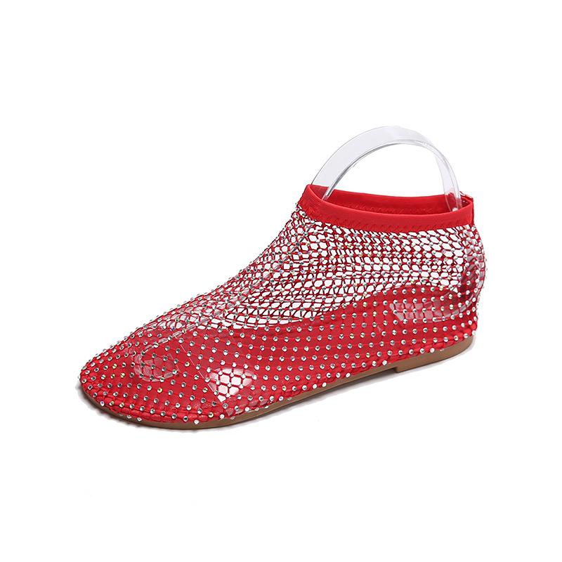 Round head beach sandals women wear hollowed rhinestone one pedal breathable mesh sandals women's low-top cool boots women