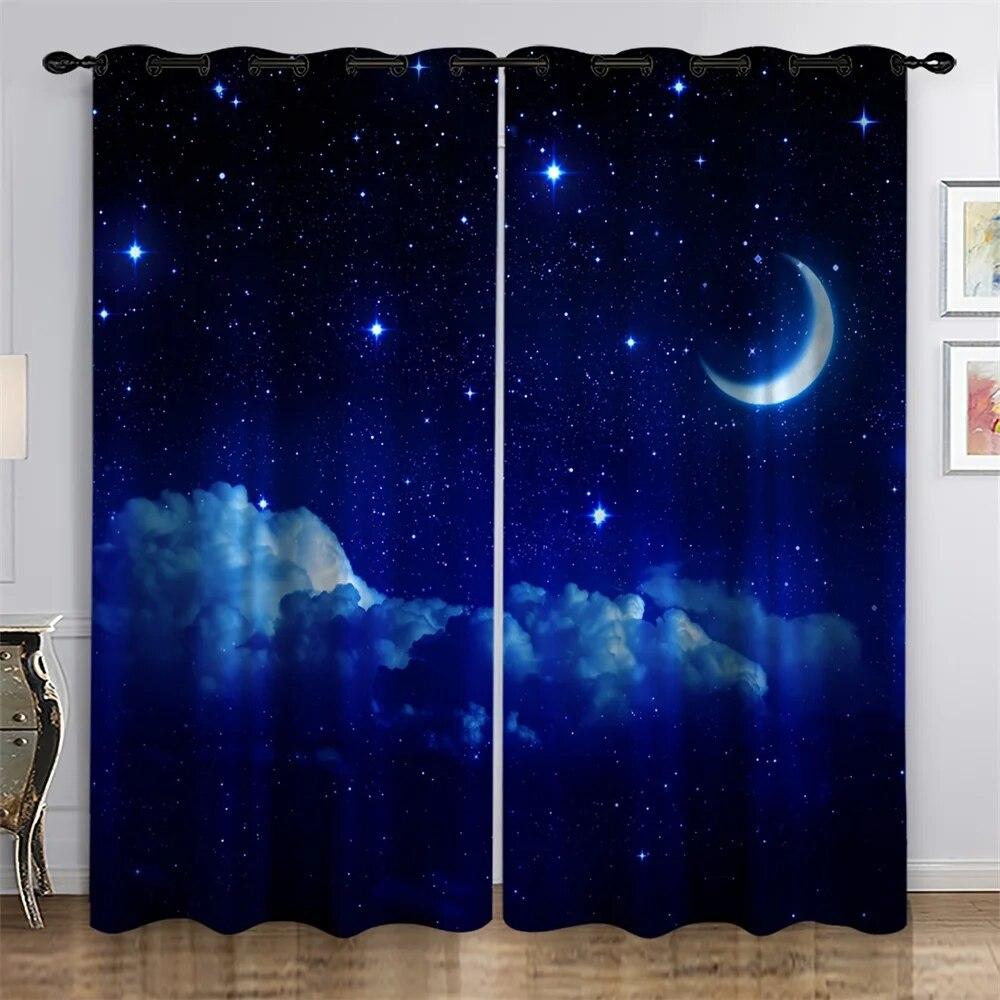

Синяя ночь, луна, облако, галактика, блеск, звезды, звездная оконная занавеска для гостиной, детская спальня, ванная комната, кухонная дверь, домашний декор W65X60H(cm)X2Pcs&Grommet Top