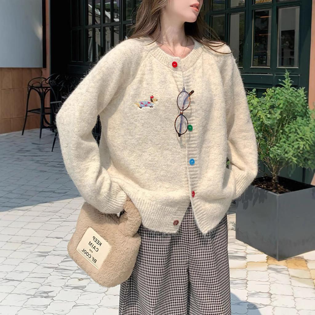 Sweet Round Neck Color Button Dog Pattern Long Sleeve Sweater Cardigan Women Spring Autumn Winter Korean Versatile Top