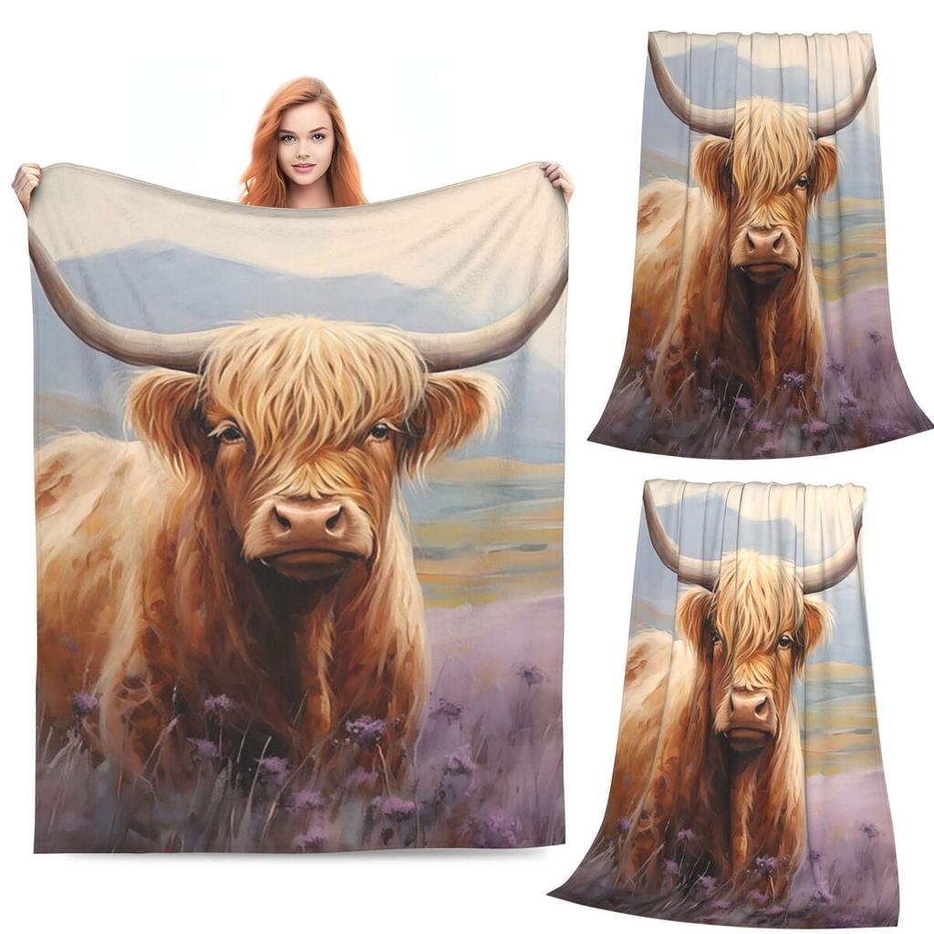 Scottish Highland Cow In Heather Blanket Flannel Sofa Throw Blanket Super Soft for Home Bedroom Office Throws Bedspread Quilt
