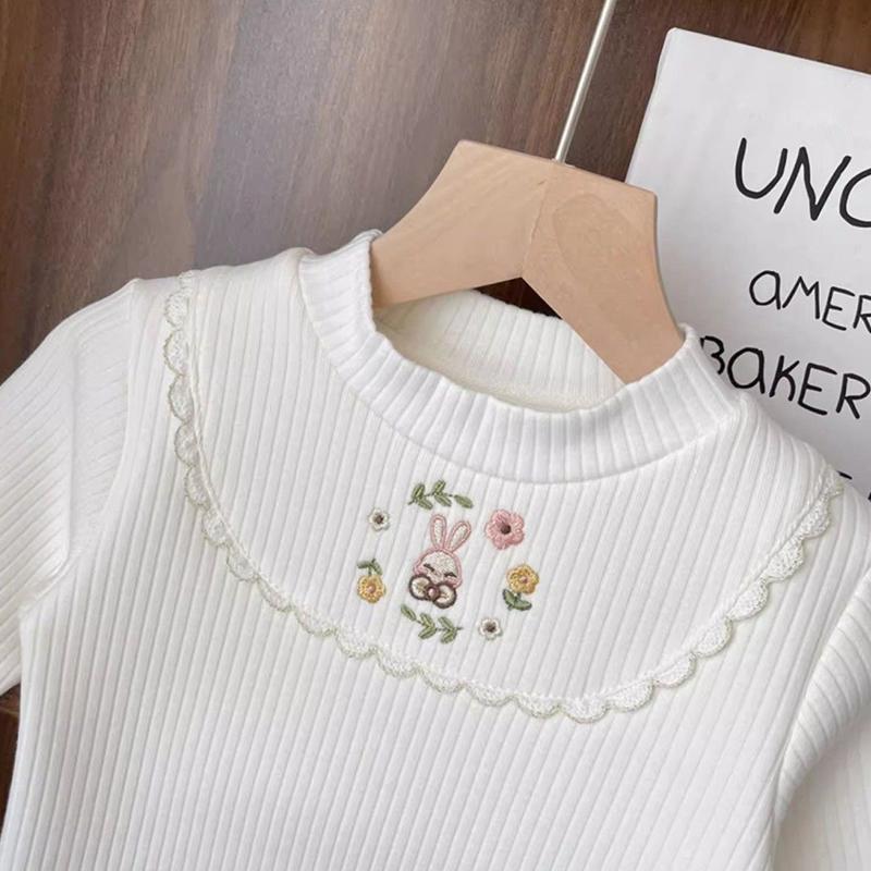 Winter Girls Warm Pullover 2-8 Years Old Children Plush Half High Collar Top Girl Embroidered Knitted T-shirt
