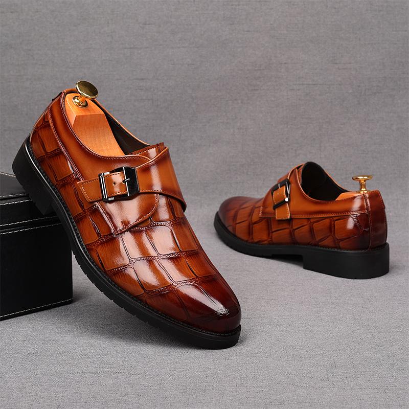 Fashion New Men's Alligator Pattern Monk Strap Loafers Pointed Slip On Business Flats Shoes Designer Homecoming Wedding Dress Footwear