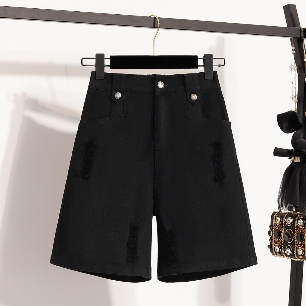 DIMANAF Übergröße Damen Shorts Hosen Sommer Locker Kurze Jeans Basic Hohe Taille Lochhosen Elastischer Bund Maxi