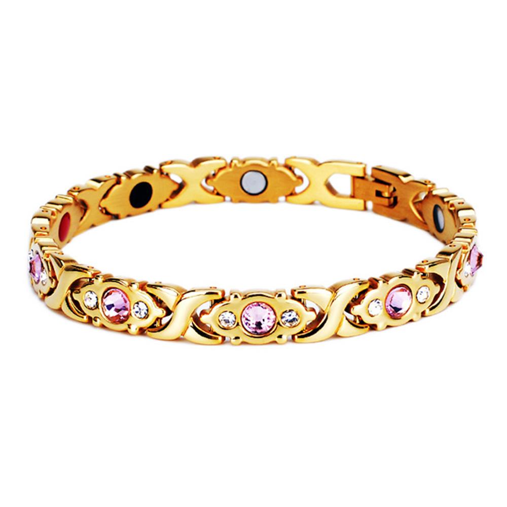 Bracelet Magnétique Santé Rose Doré Punk 8mm Zircon Rose Bijou pour Femme Hiphop Acier Inoxydable Chaîne Biker Moto Bracelet