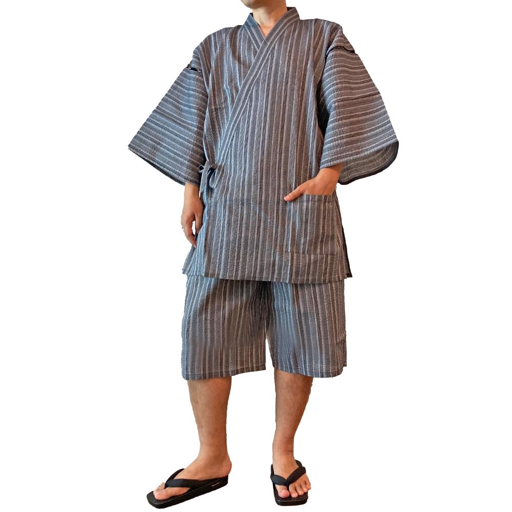 Kimono Gray Gift [Kyoto Yuzen] Jinbei, Stripes, Men's Kimono,