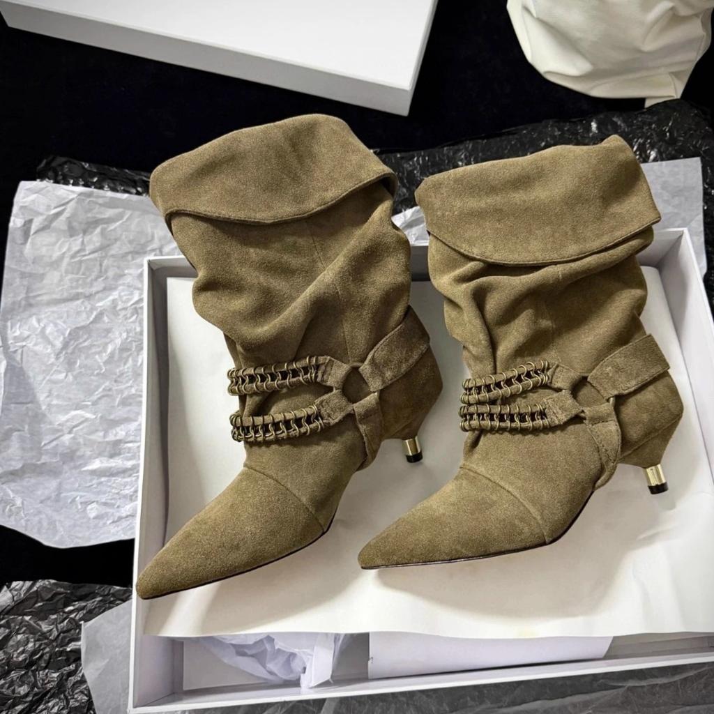 Korean Version of Niche Chain Cat Heel Thin Boots Women's Medium Tube Stacking Boots Temperament Thin High Heel Pointed Western Cowboy Short Boots