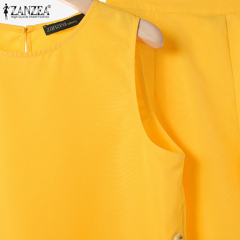 ZANZEA Ensemble deux pièces pour femmes, col rond, sans manches, poches à boutons, couleur unie, hauts et shorts amples, été