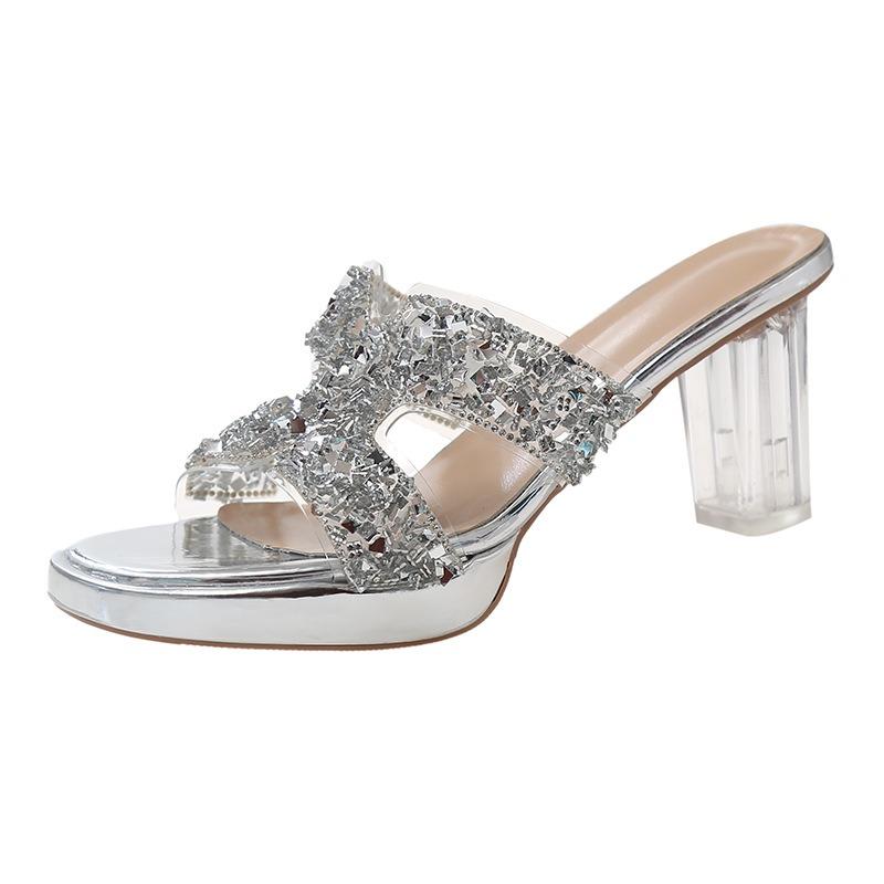 High heels women's summer new thick heel fashion rhinestone sandals round head waterproof table outside slippers