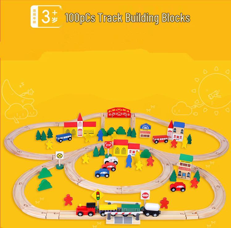 Urban Rail Transit Wooden Train Track & Building Blocks Set (100 Pcs)