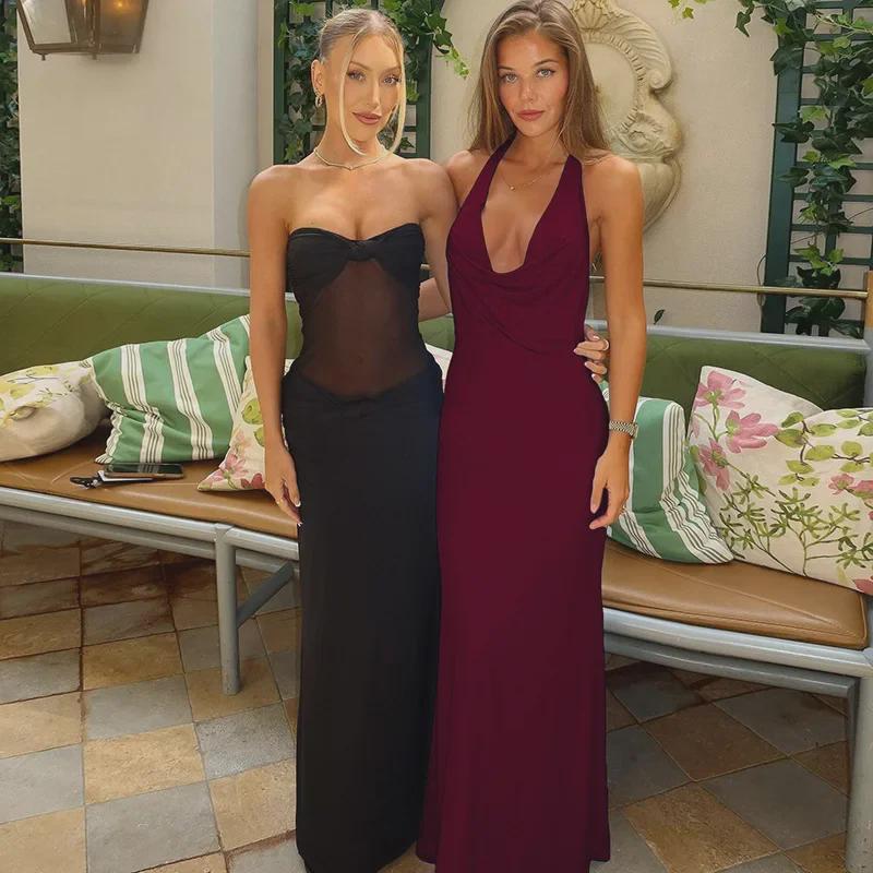 2025 Spring Women's Backless Halter Dress - Solid Color, Slim Fit