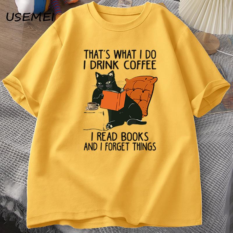 Cute Cat T-shirt for Women Men Books Coffee Cat Print T-shirts Funny Designer Comfortable Male Tee Shirt Male Clothing Shirts