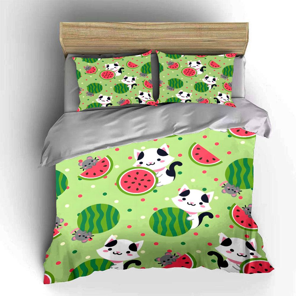 Adorable Cats And Watermelon Set  Kid'S And Adults' Bedroom Decor, Exquisite Three-Piece Bedding Set Gift