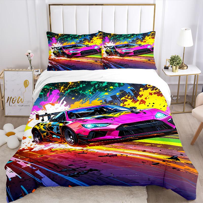 3pcs Racing Car Cover Set, 1 Cover + 2 Pillowcases (No Insert), Bedding for All Seasons, Bedding,Bedroom Decor Yy250922024