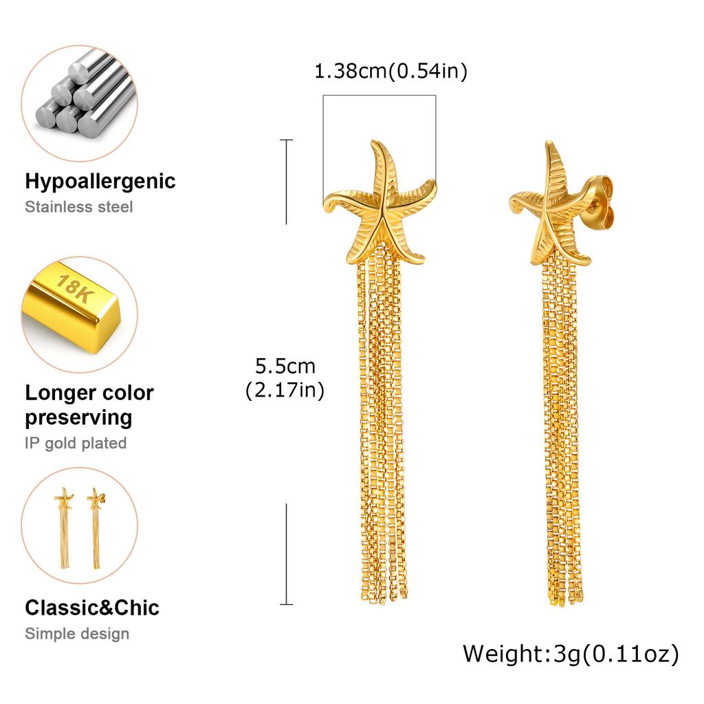 Fashion Long Tassel Starfish Pendant Earrings Stainless Steel Gold Plated Drop Earrings for Women Dainty Vacation Daily Jewelry