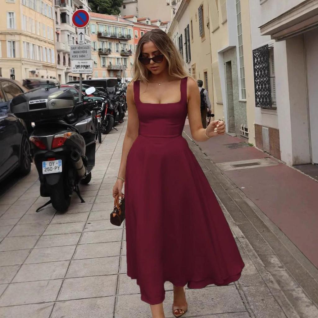 2025 Summer European & American Women's Square Neck Sleeveless Waist-Hugging Dress