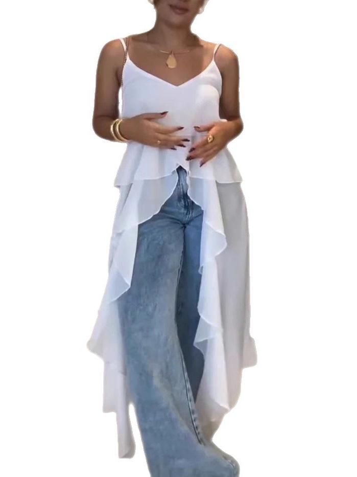 2025 New Sexy V-neck Ruffle Irregular Spaghetti Strap Dress for Women - European & American Spring/Summer Style