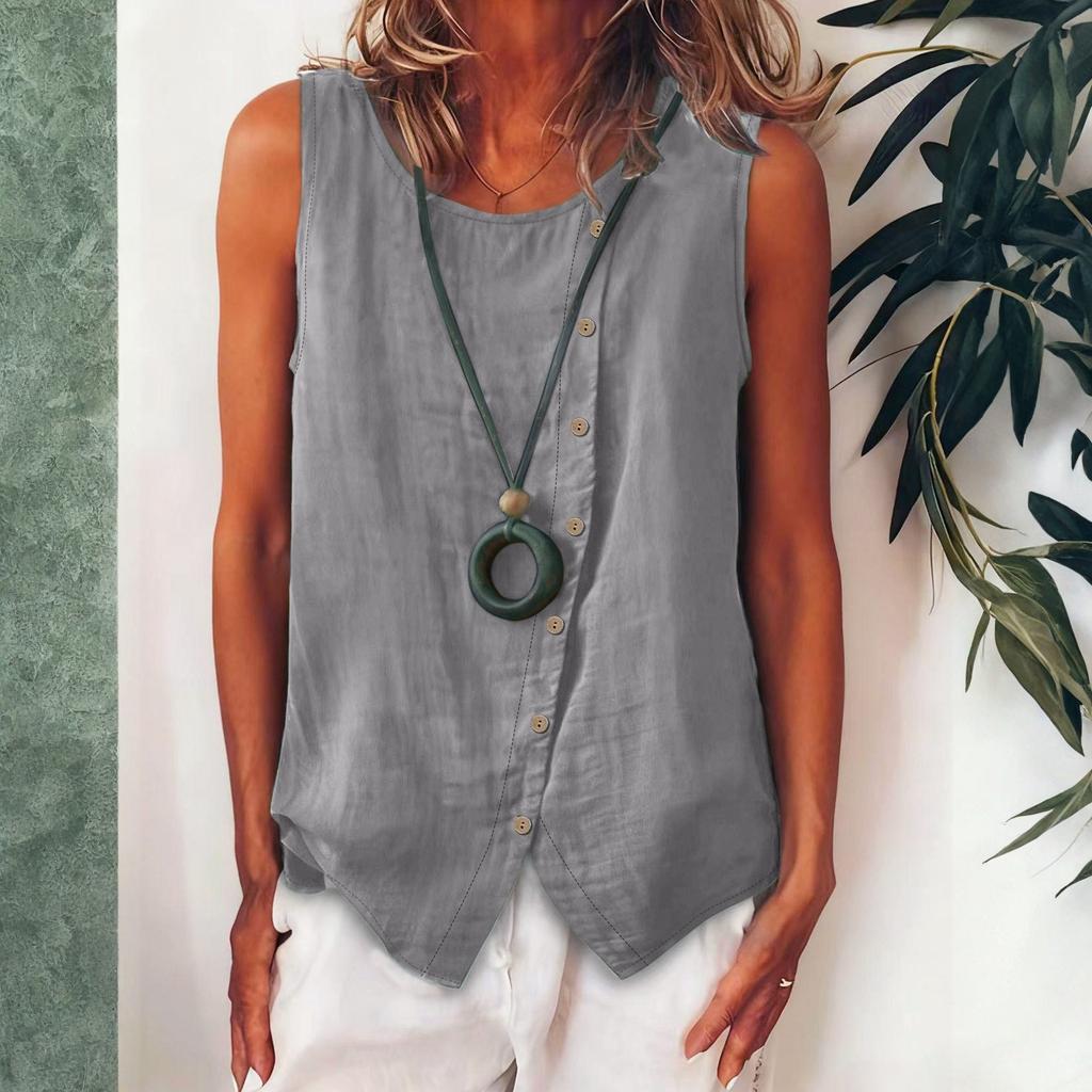 Women's Sleeveless Button-Up Shirt Loose-Fit Vest Top With Single Side Button