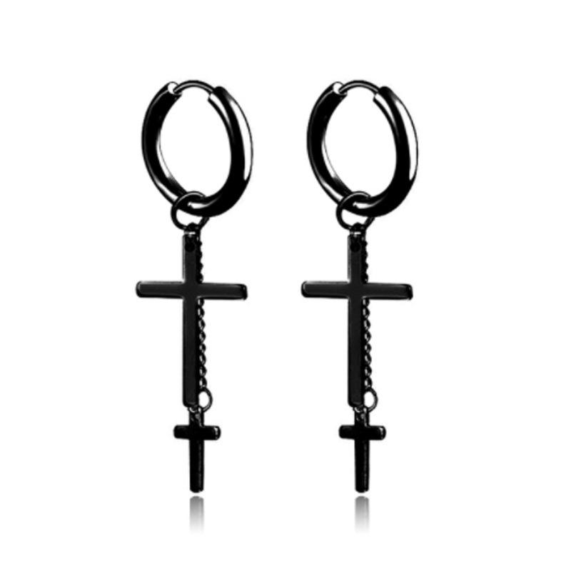 Orecchini a Catena Croce in Acciaio Inossidabile Nero Punk per Donna e Uomo - Gioielli Moda Retro Hip Hop