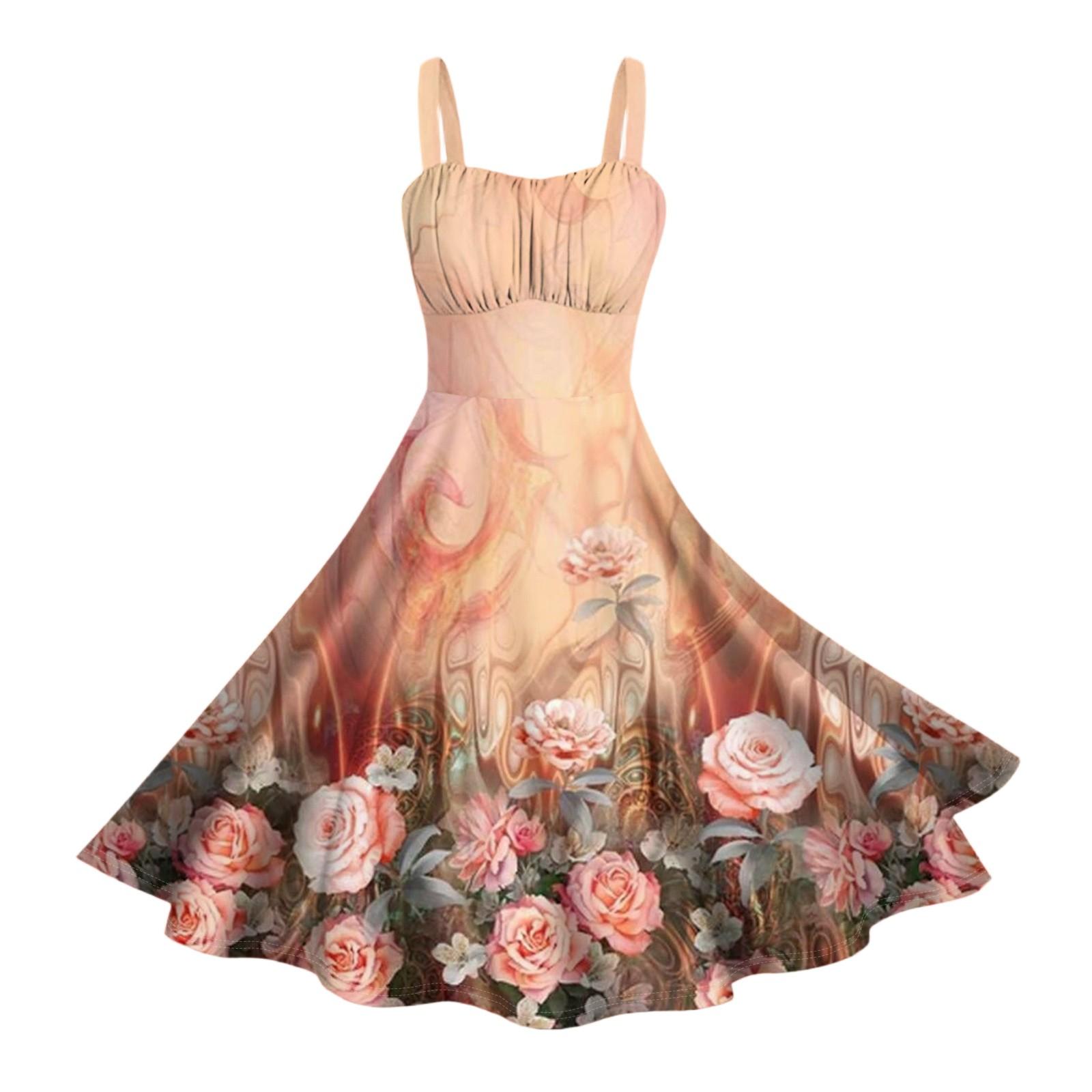 

Женские винтажные платья без рукавов с плиссировкой, пэчворком, милым А-силуэтом и цветочным принтом L оранжевый