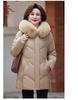 Jaqueta Feminina de Outono e Inverno Cor Sólida com Capuz Gola de Pele Moda Solta Espessa à Prova de Vento Comprimento Médio Jaqueta de Mãe