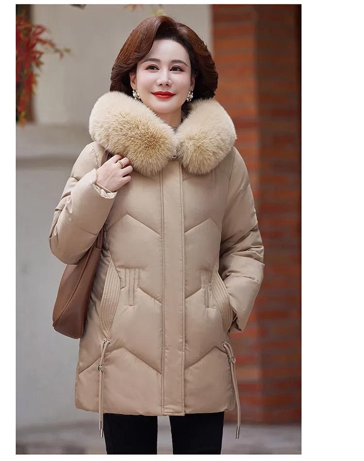 Jaqueta Feminina de Outono e Inverno Cor Sólida com Capuz Gola de Pele Moda Solta Espessa à Prova de Vento Comprimento Médio Jaqueta de Mãe