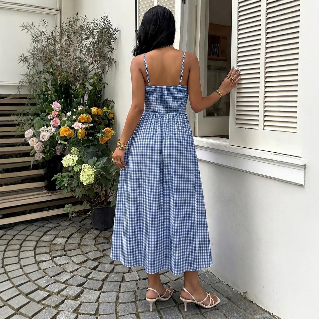 2026 Summer New European and American Women's Clothing Pastoral Temperament Plaid A Word Waist Pendulum Suspender Dress