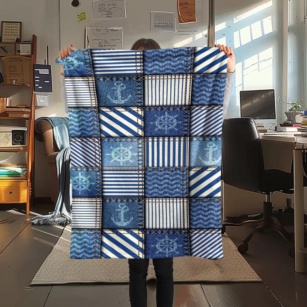 1Pc Nautical Print Flannel Blanket, High quality Comfortable for All Seasons, Home Decor, Warmth and Comfort, Perfect for Christmas Gifts